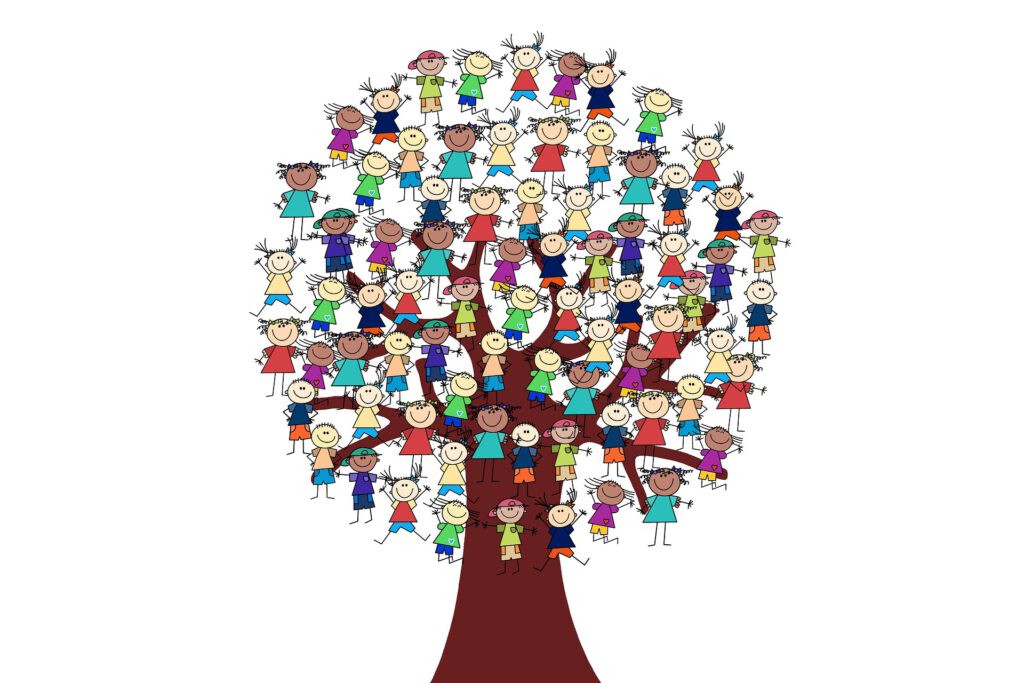 Zeichnung eines Baumes, auf dessen Ästen viele unterschiedliche Kinder sitzen.