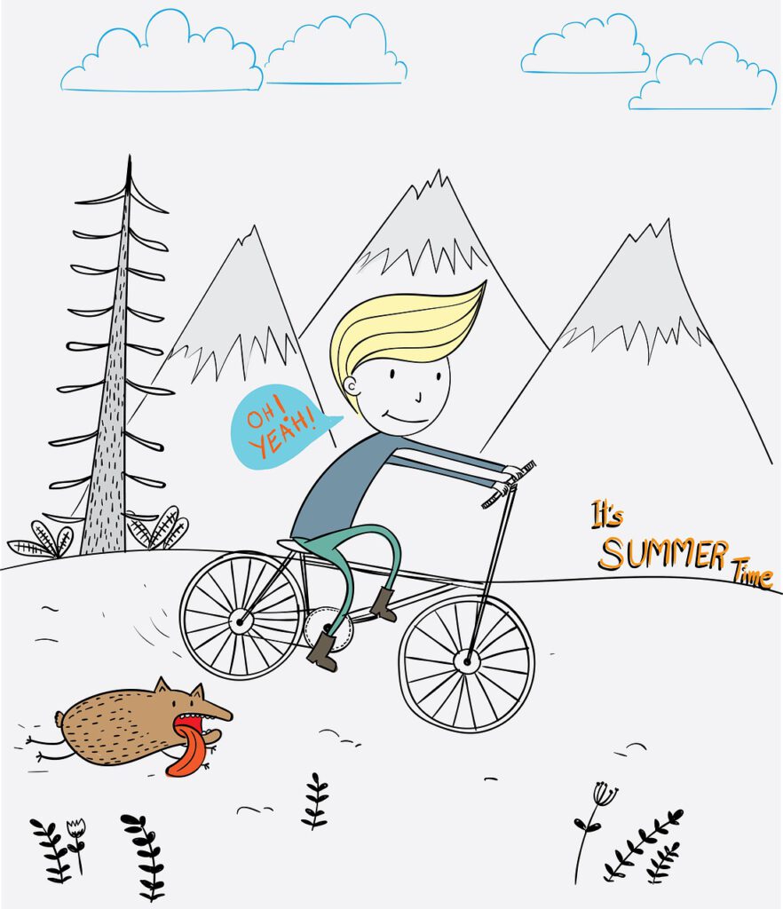 Zeichnung eines Jungen, der auf seinem Fahrrad durch einen Wald fährt. Begleitet wird er von einem kleinen Hund.