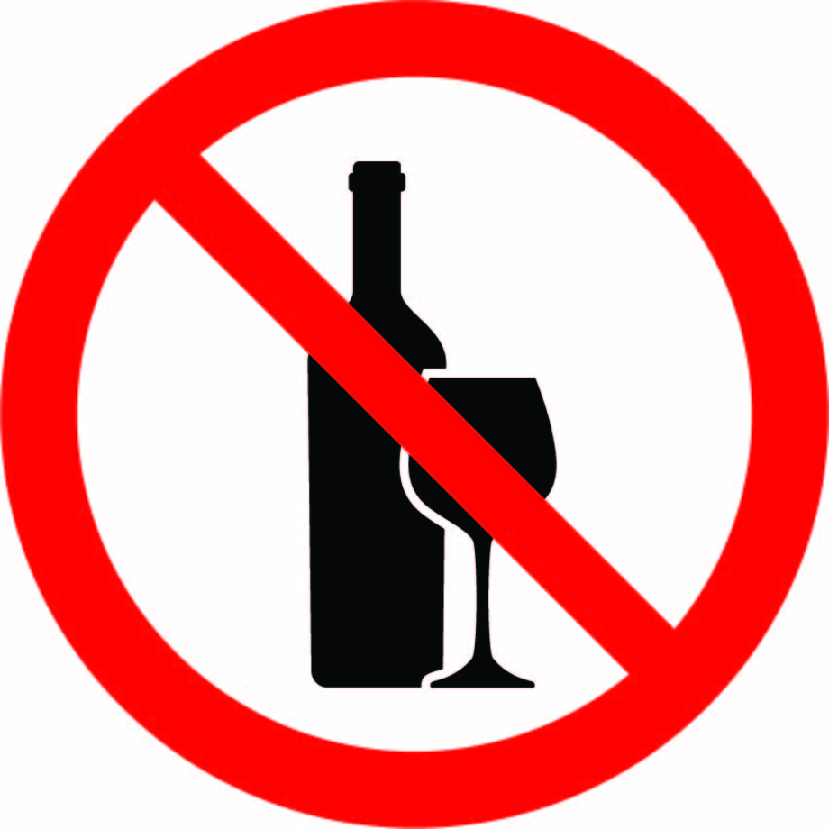 Piktogramm mit einer rot durchgestrichenen schwarzen Flasche mit einem Weinglas davor als Symbol für das Verbot von Alkohol