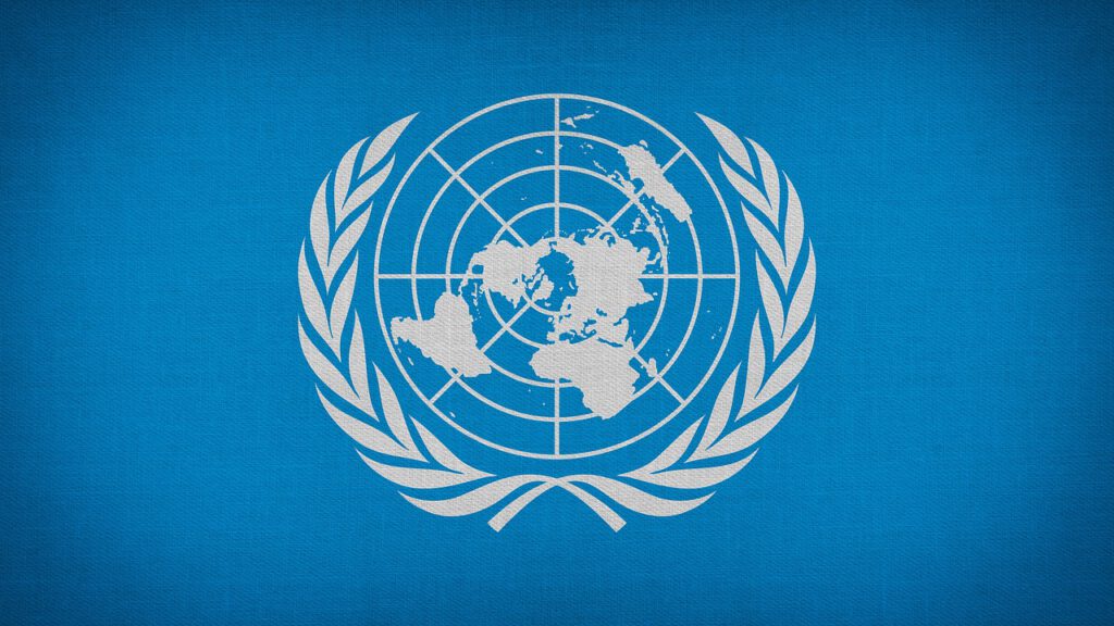 Das Bild zeigt das Emblem der Vereinten Nationen: einen weißen Erdkreis umrahmt von zwei weißen Olivenzweigen auf blauem Grund.