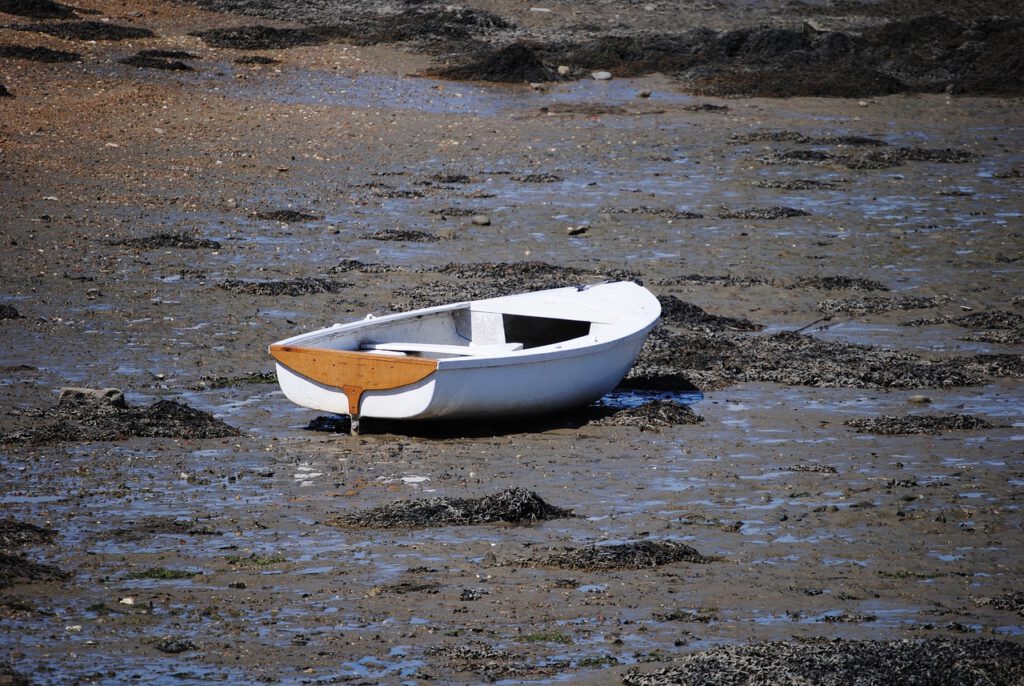 Das Bild zeigt ein trocken gefallenes weißes Ruderboot im Schlick.