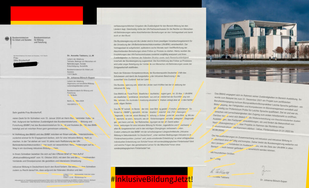Auf dem Bild sieht man den dreiseitigen Antwortbrief der Ministerien. Darunter ist eingefügt: "#InklusiveBildungJetzt". Rechts oben ist ein Foto vom Bundeskanzleramt eingefügt.