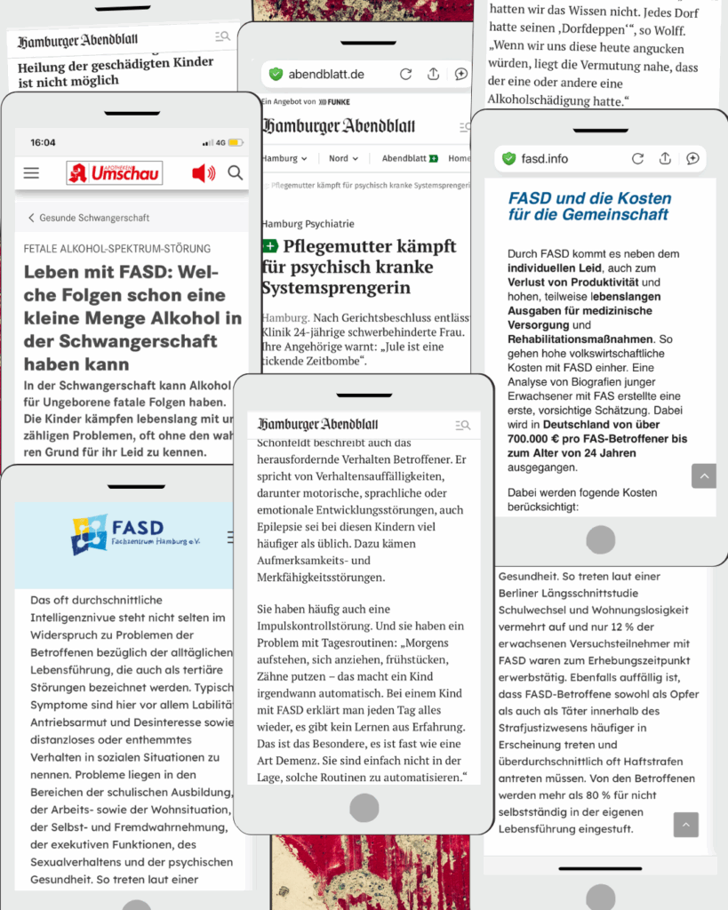 Auf dem Bild sind viele verschiedene Zitate zum Thema FASD zusammengestellt, u.a. aus der Apotheken-Rundschau, dem Hamburger Abendblatt sowie der Website des FASD Fachzentrums Hamburg. Alle Zitate sind geprägt durch eine defizitäre,  ableistische und stigmatisierende Sicht auf Menschen mit FASD.