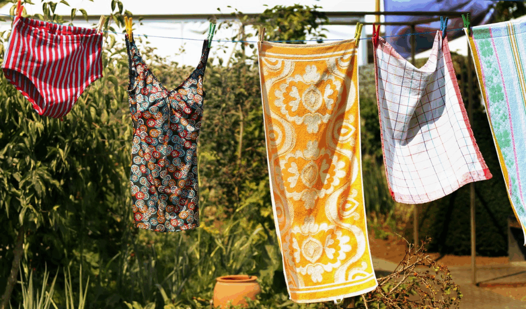 Eine Wäscheleine im Garten. Auf der Leine hängen verschiedene Wäschestücke, die im Stil an die 1970er Jahre erinnern.